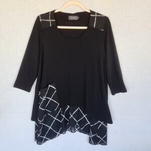 Sympli Top Blouse Size 10 Black White 3/4 Sleeves Tunic Layered Pocket Mature